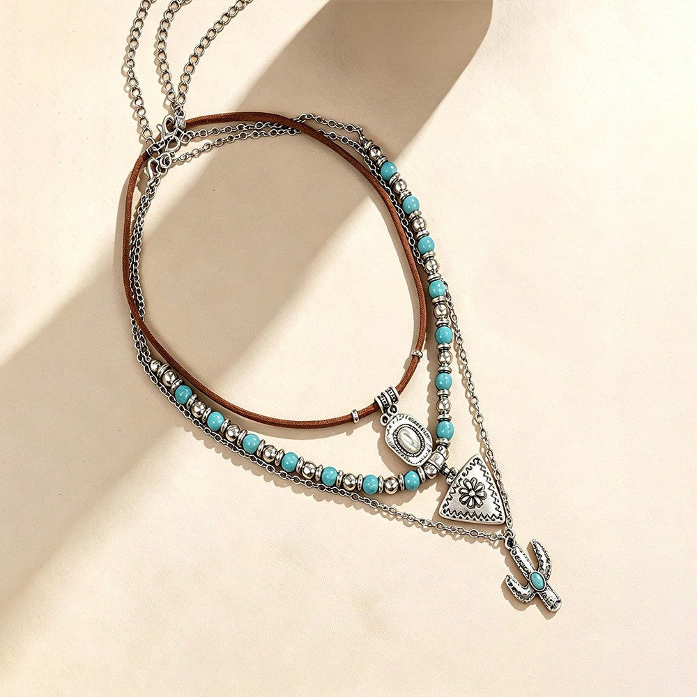 Turquoise Cactus & Triangle Beaded Necklace Set
