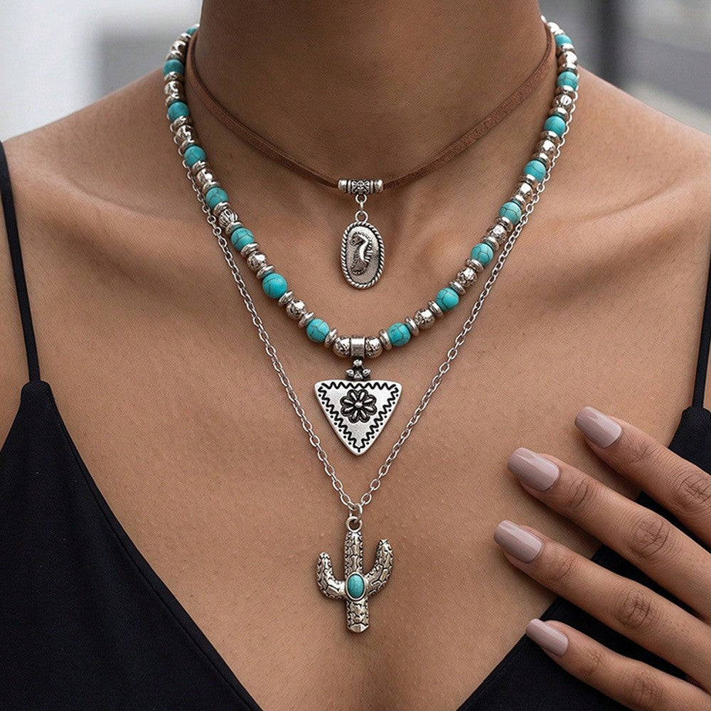 Turquoise Cactus & Triangle Beaded Necklace Set