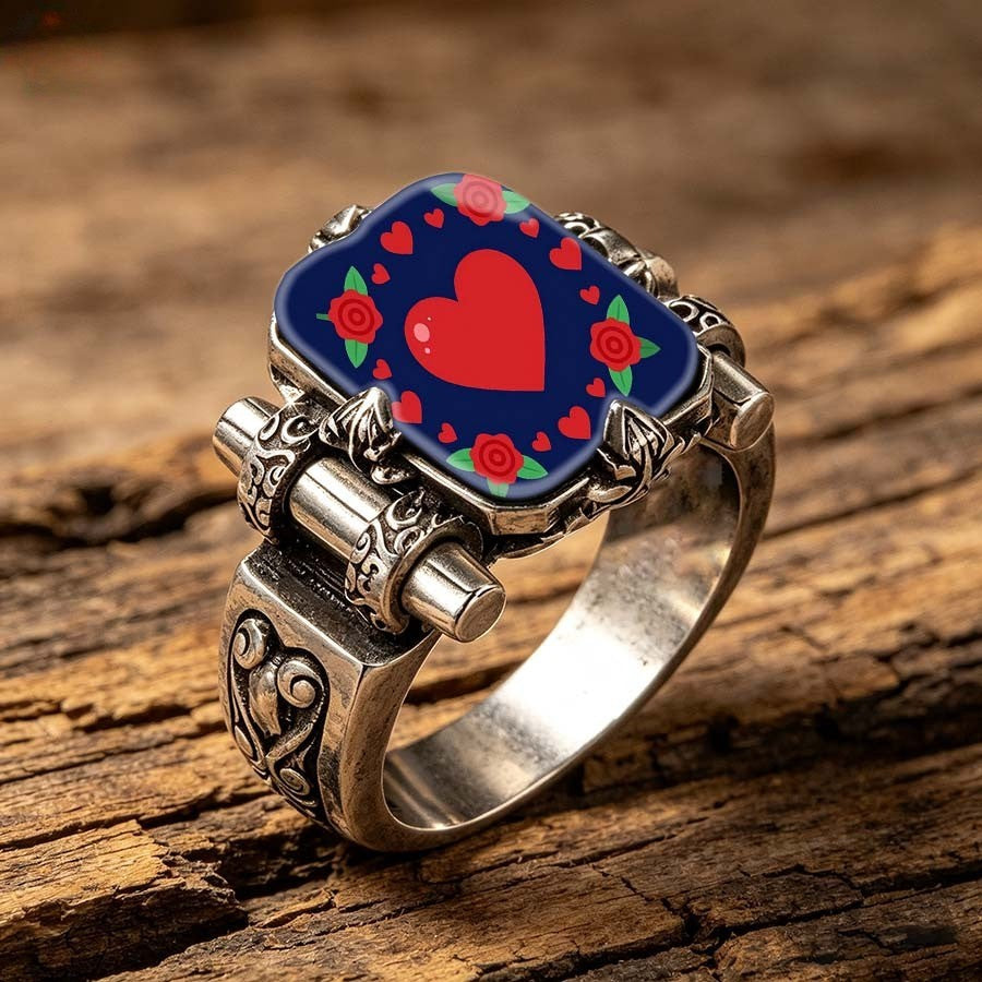 Navy Heart & Rose Square Ring