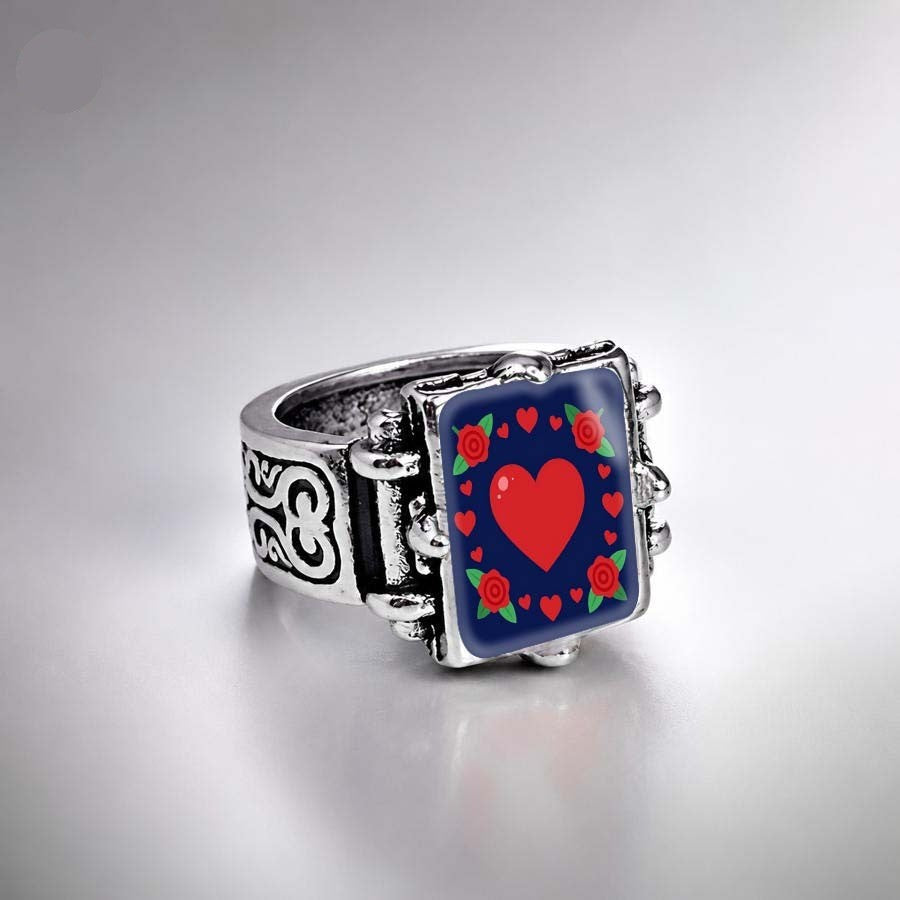Navy Heart & Rose Square Ring