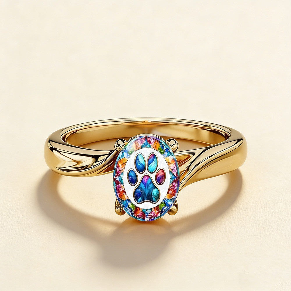 Colorful Paw Print Oval Ring