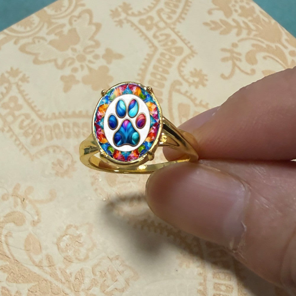 Colorful Paw Print Oval Ring