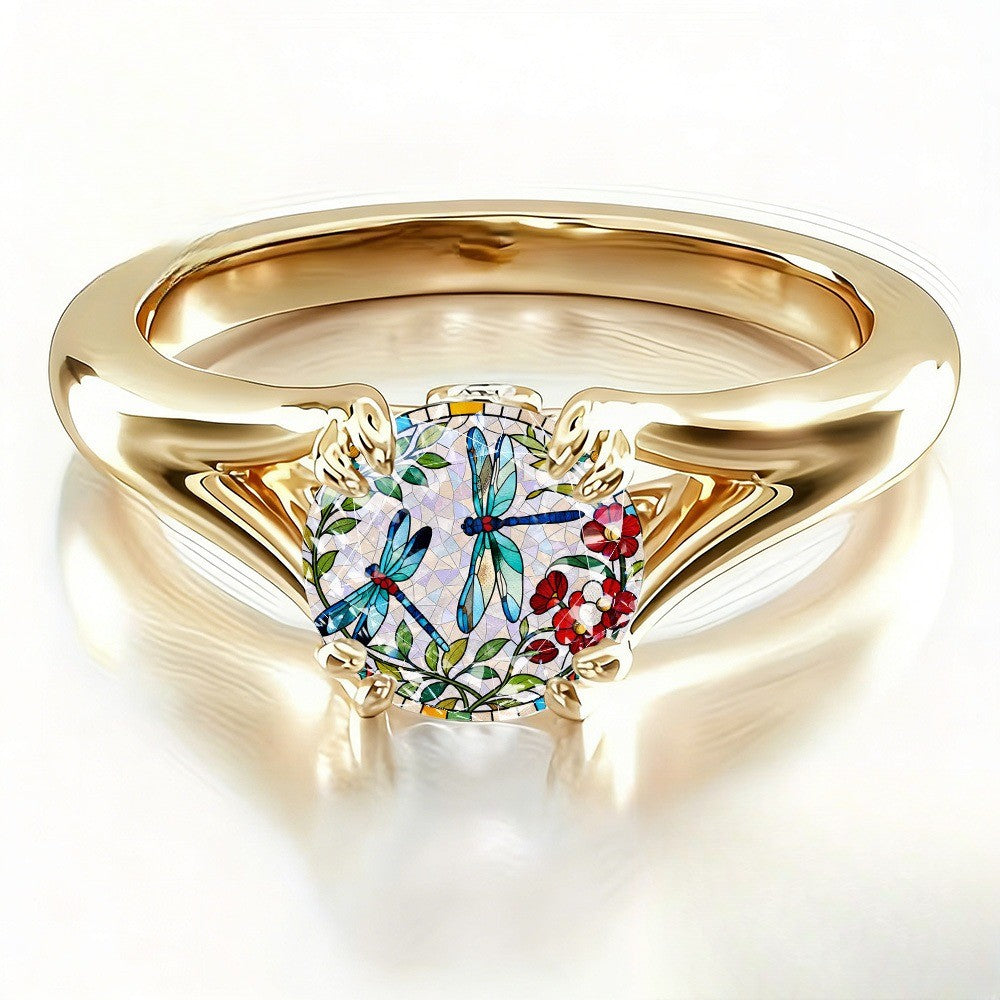 Dragonfly Floral Mosaic Ring