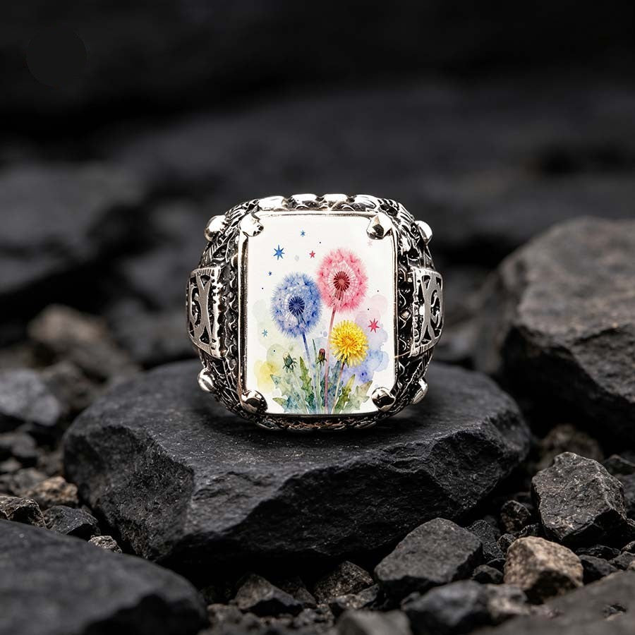 Watercolor Dandelion Square Ring