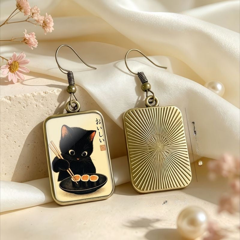 Black Cat Sushi Rectangle Earrings