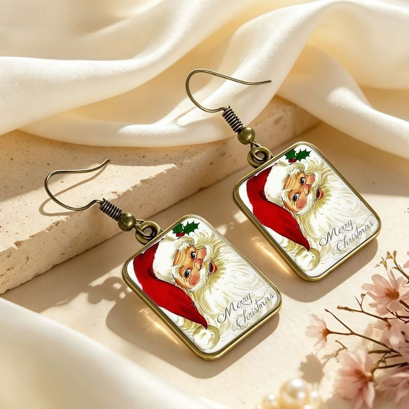 Vintage Santa Rectangular Dangle Earrings