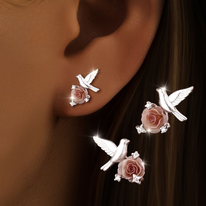 Bird & Rose Stud Earrings