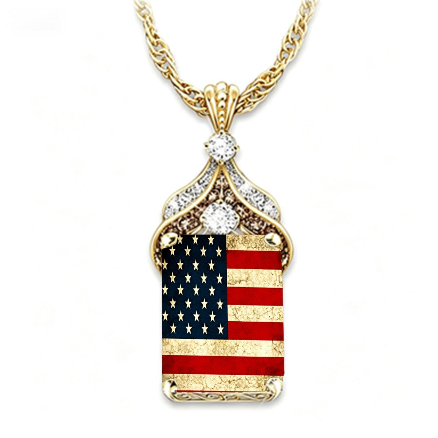 Vintage American Flag Crystal Pendant Necklace