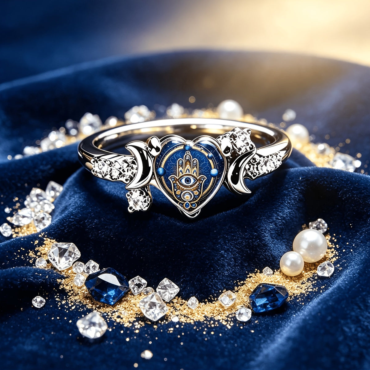 Blue Hamsa Heart Ring