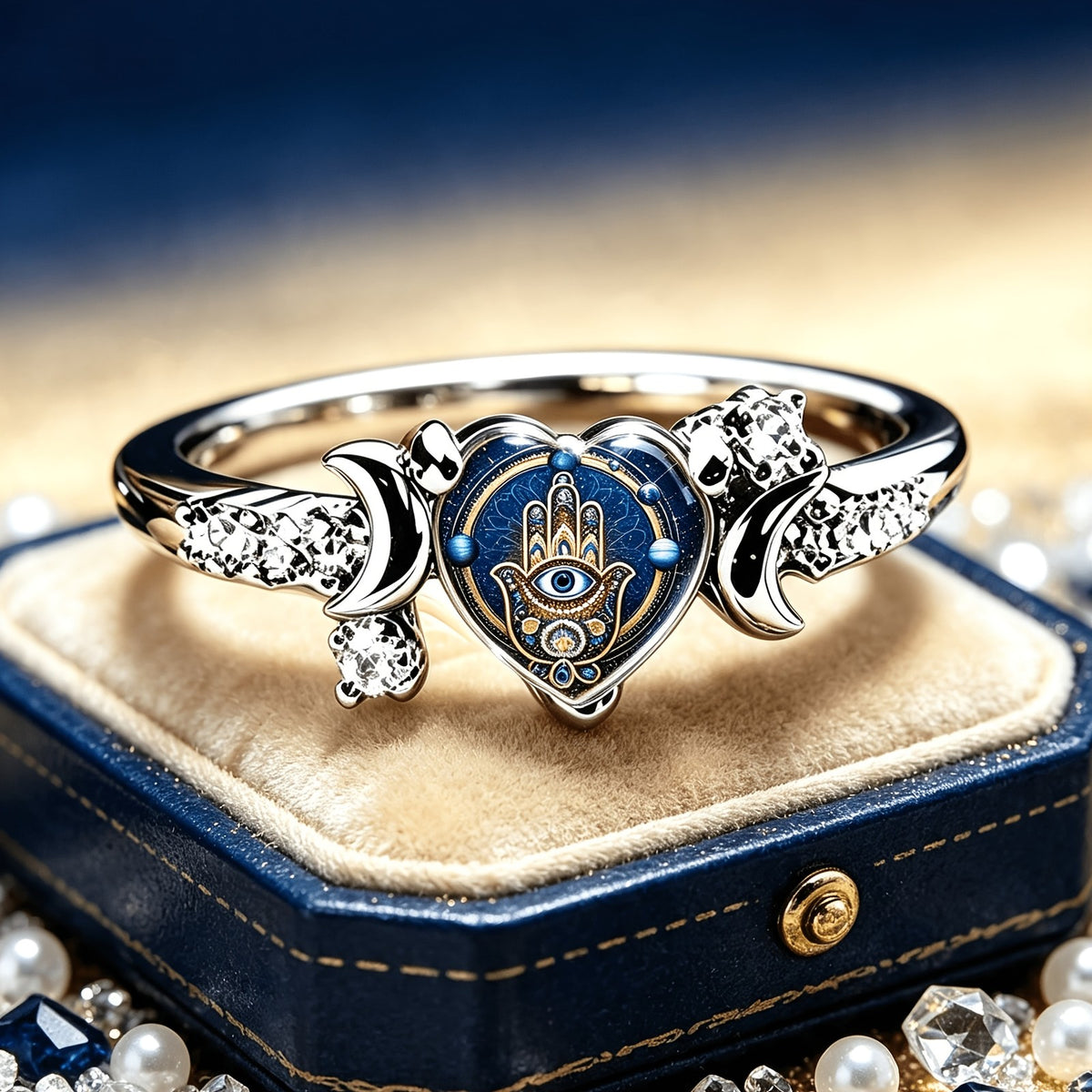 Blue Hamsa Heart Ring