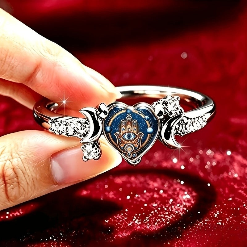 Blue Hamsa Heart Ring