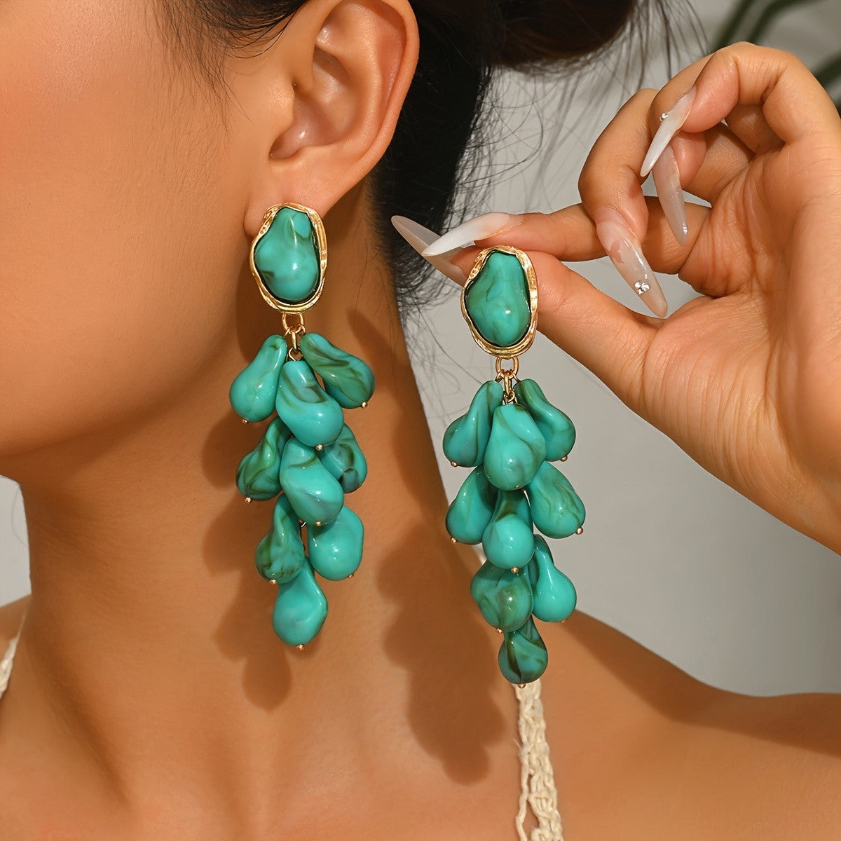 Teal Cluster Drop Earrings
