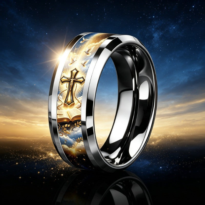 Cross & Dove Wide Band Ring