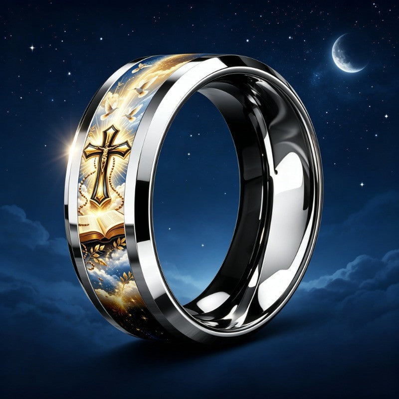 Cross & Dove Wide Band Ring