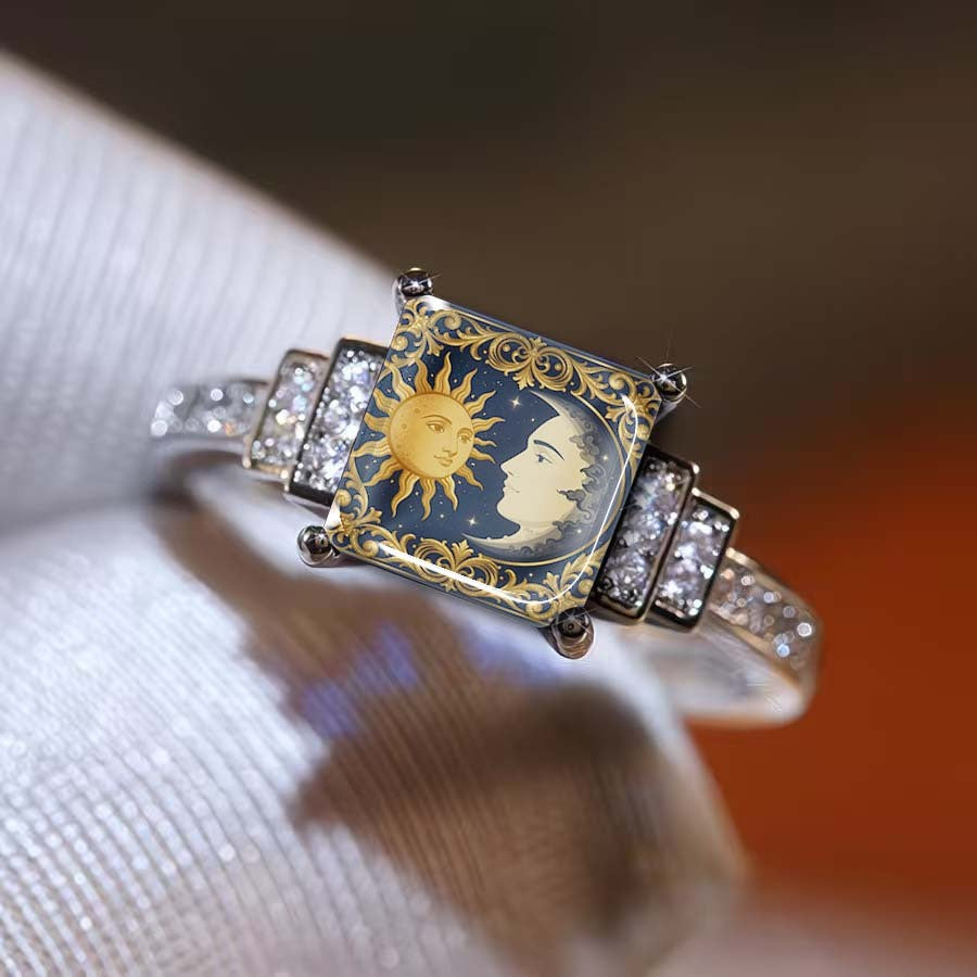 Sun & Moon Face Square Ring