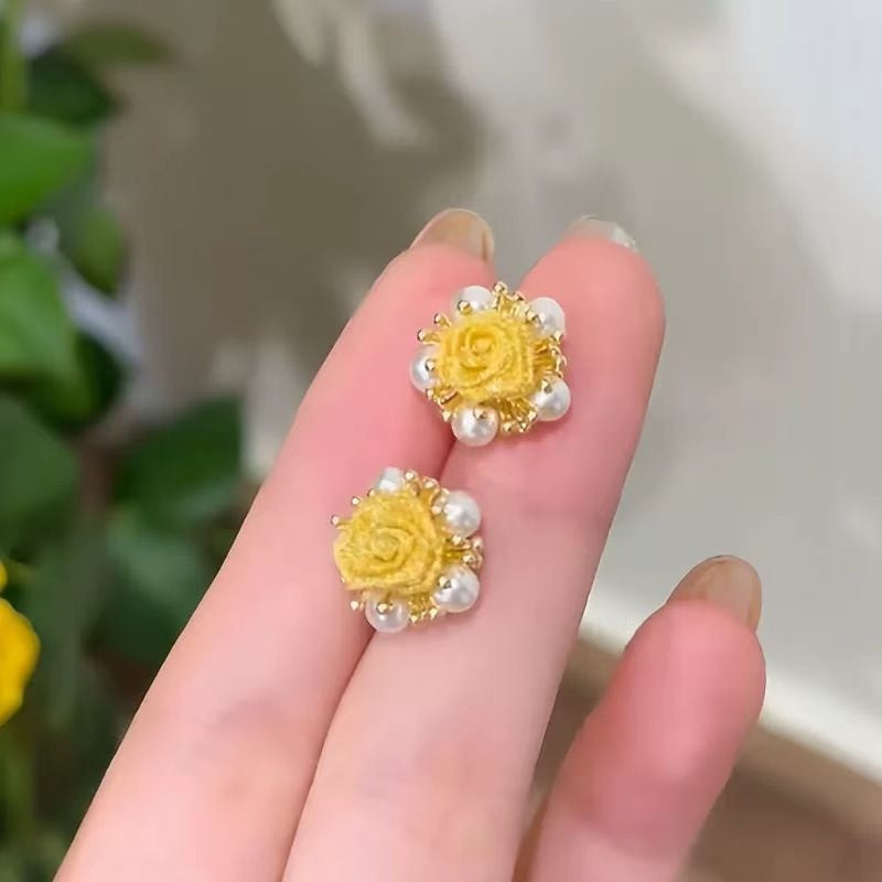 Yellow Rose Pearl Stud Earrings