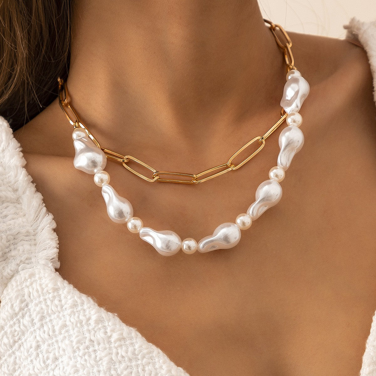 Layered Baroque Pearl & Oval Link Necklace