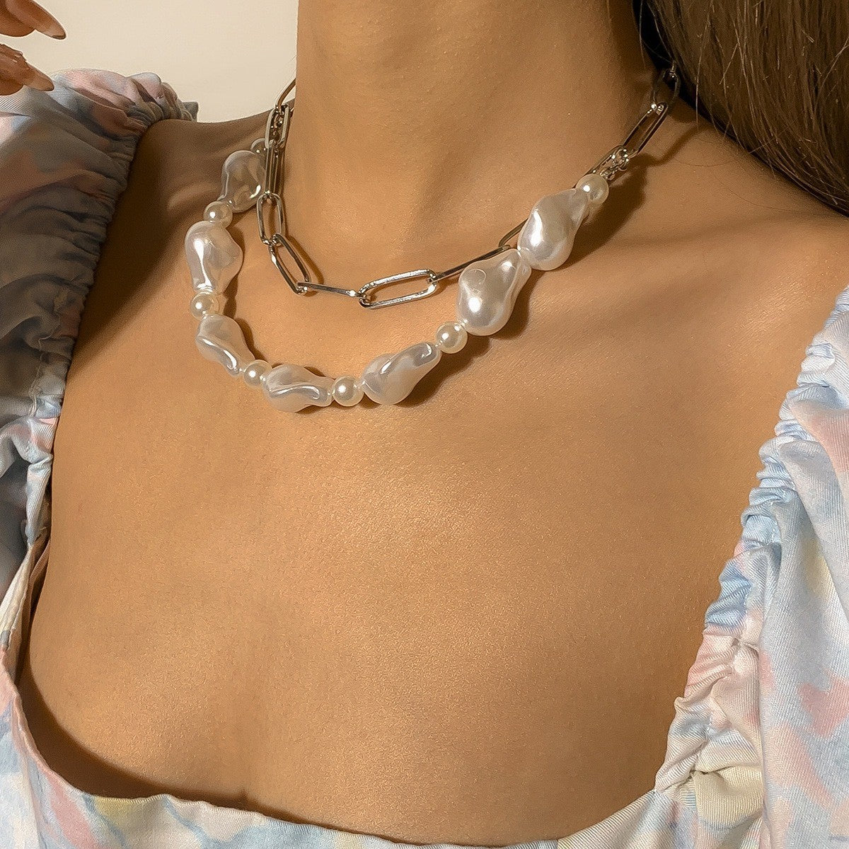 Layered Baroque Pearl & Oval Link Necklace