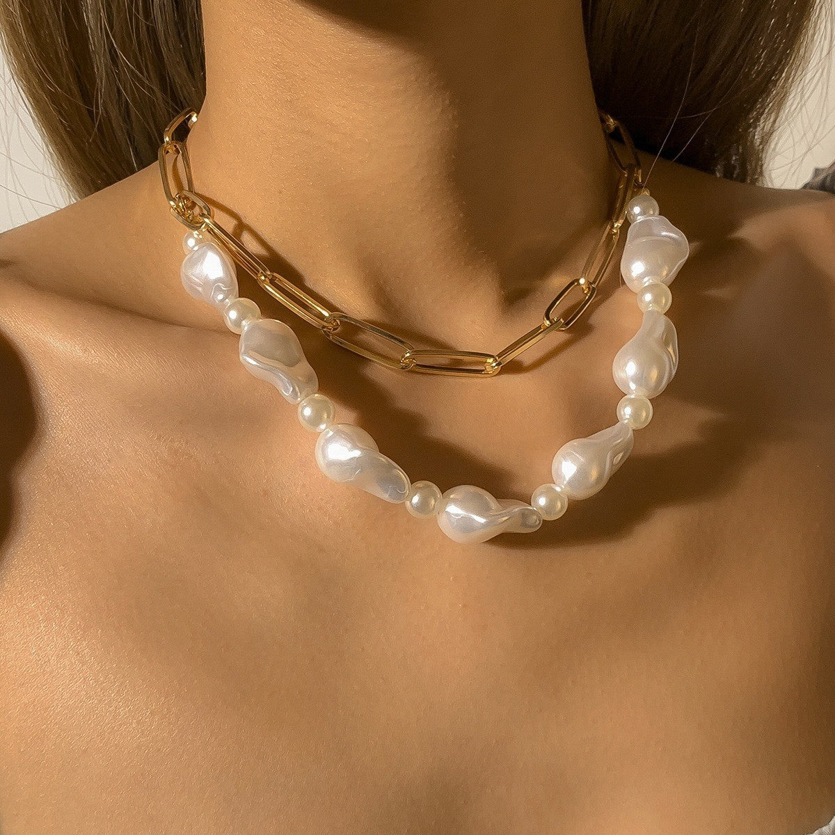 Layered Baroque Pearl & Oval Link Necklace