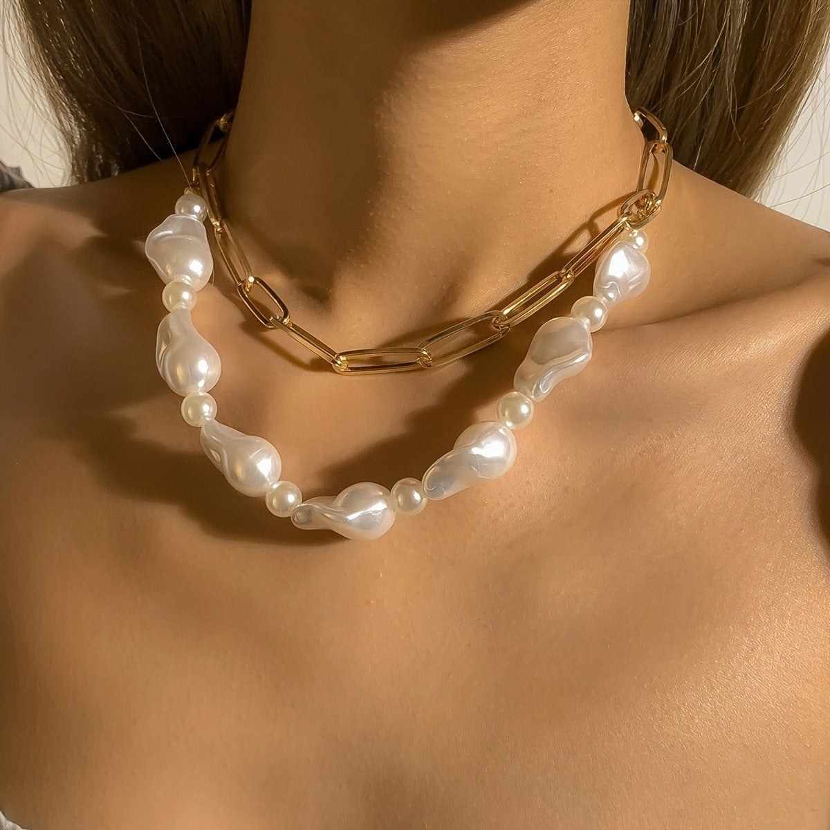 Layered Baroque Pearl & Oval Link Necklace