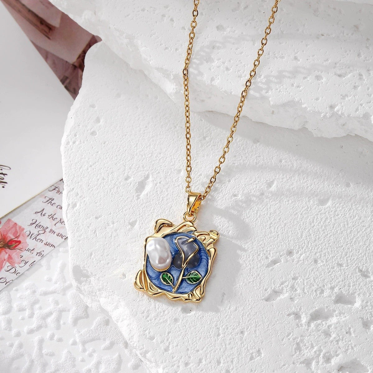 Enamel Floral Pearl Pendant Necklace