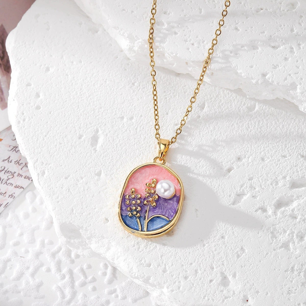 Enamel Floral Pearl Pendant Necklace