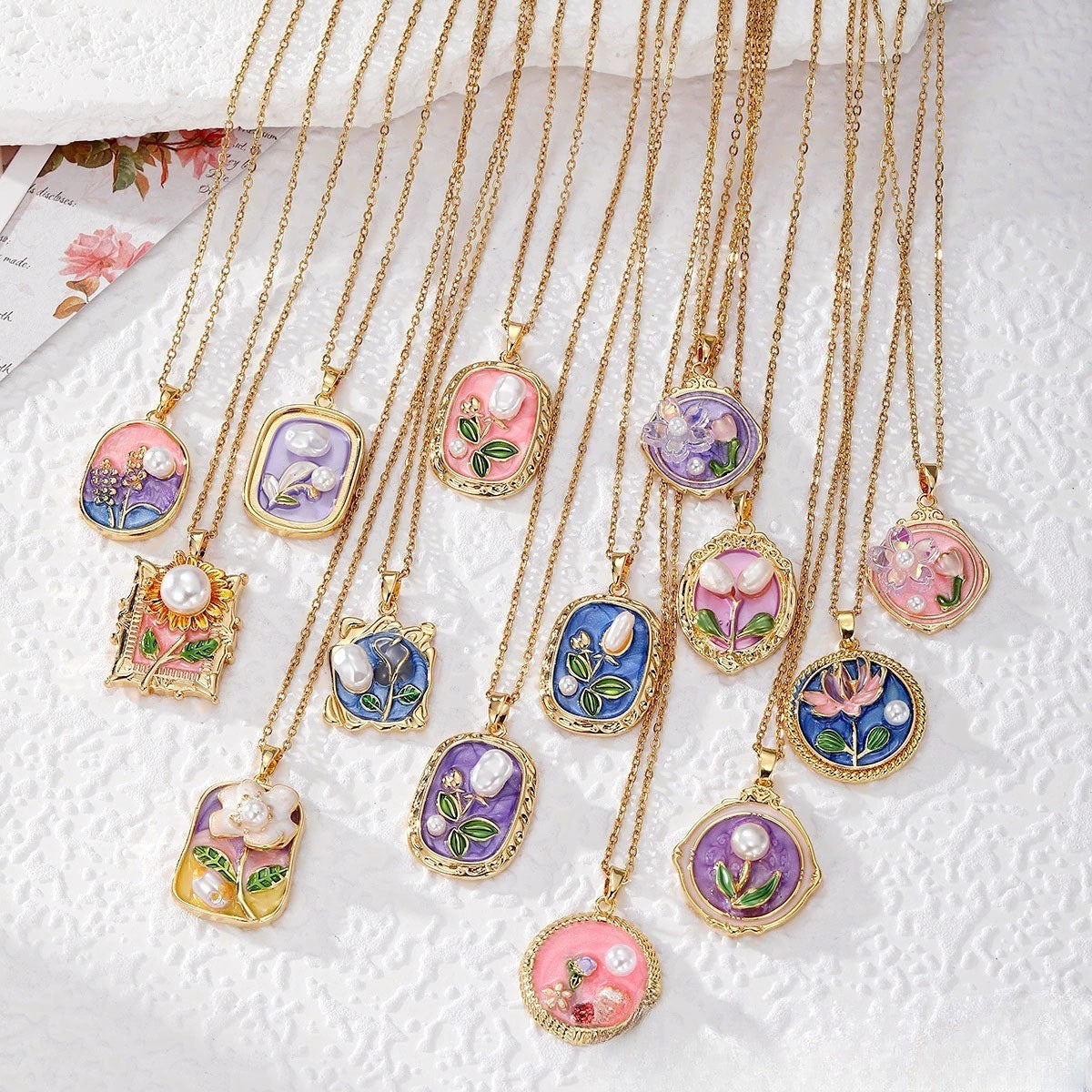 Enamel Floral Pearl Pendant Necklace
