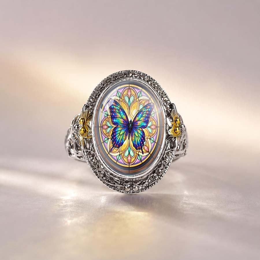 Iridescent Butterfly Stained Glass Ring