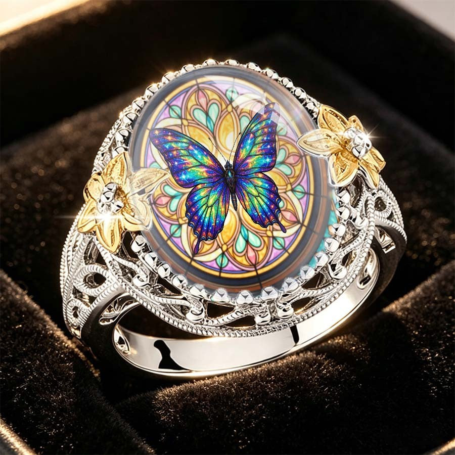 Iridescent Butterfly Stained Glass Ring