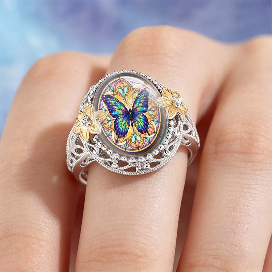 Iridescent Butterfly Stained Glass Ring