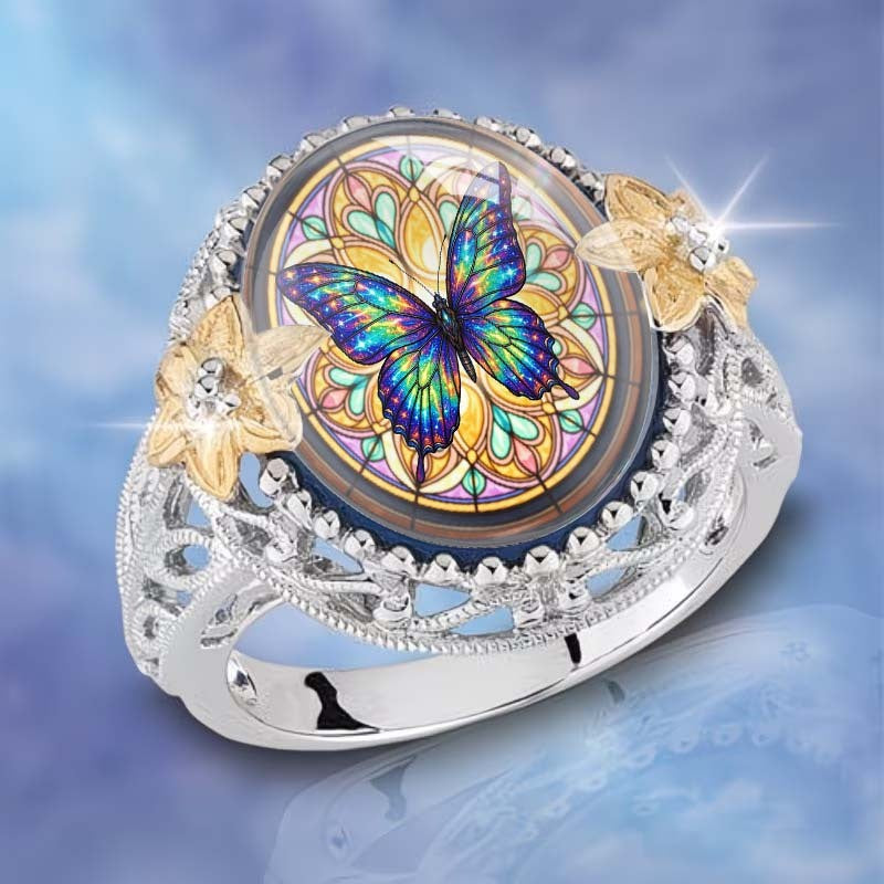 Iridescent Butterfly Stained Glass Ring