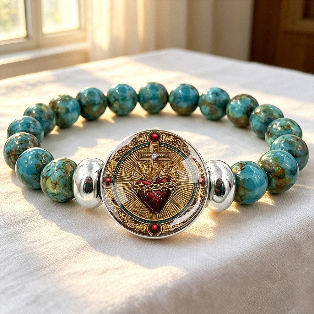Sacred Heart Turquoise Bead Bracelet