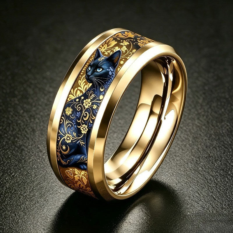 Blue Floral Black Cat Band Ring
