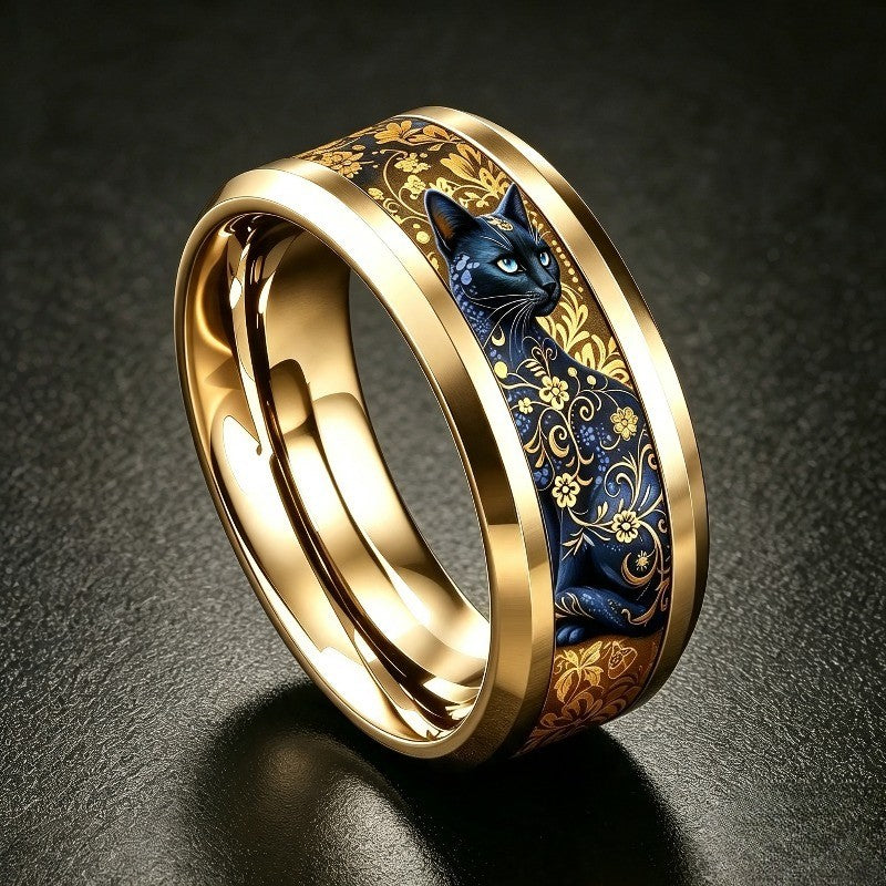 Blue Floral Black Cat Band Ring