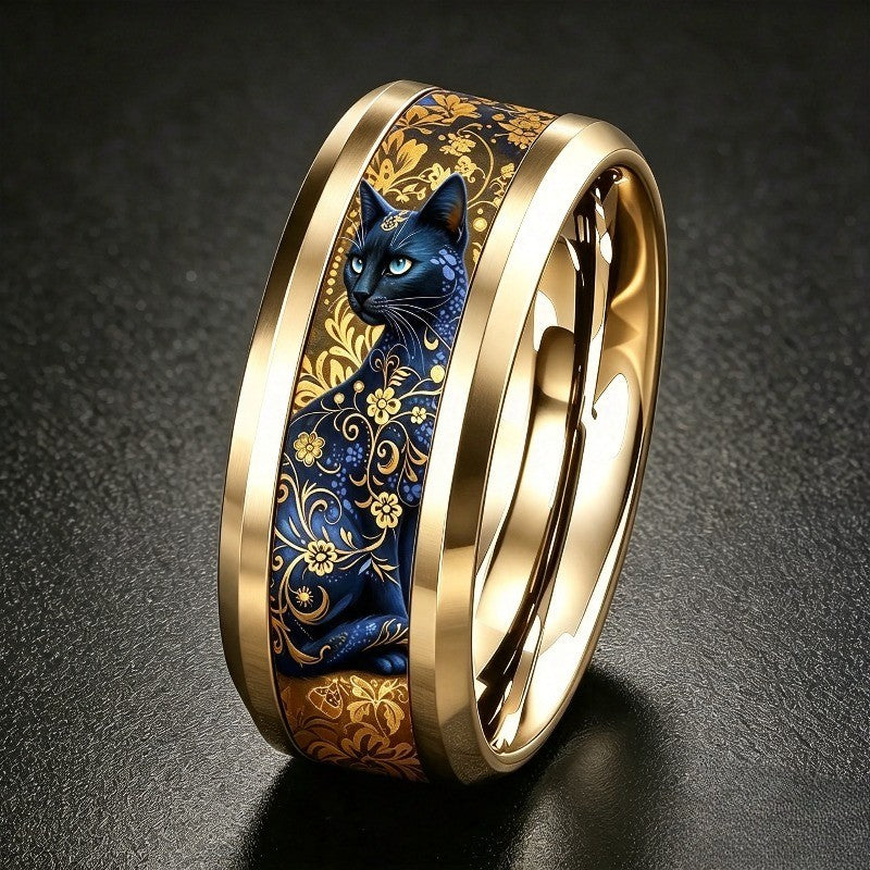 Blue Floral Black Cat Band Ring