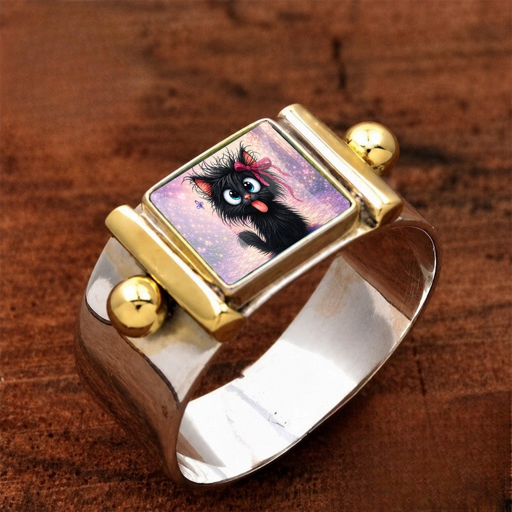 Black Cat Starry Square Ring