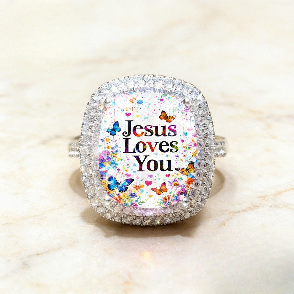 Colorful Butterfly Jesus Square Ring