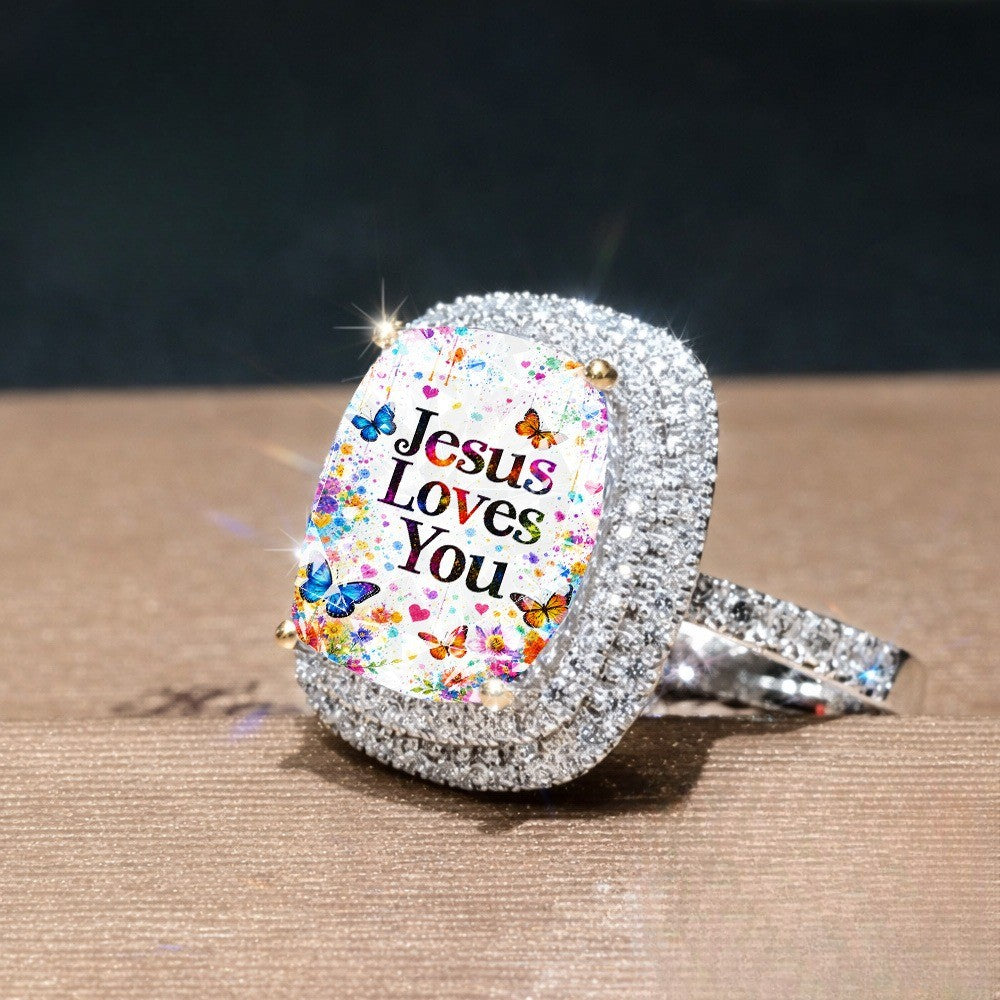 Colorful Butterfly Jesus Square Ring