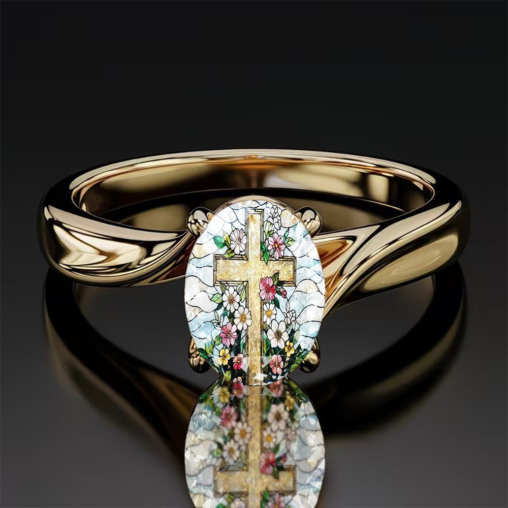 Floral Cross Oval Ring
