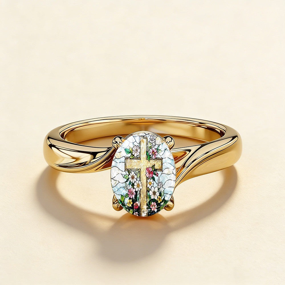 Floral Cross Oval Ring
