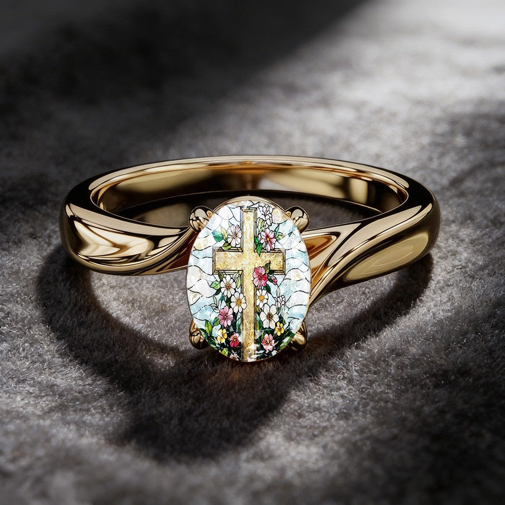 Floral Cross Oval Ring