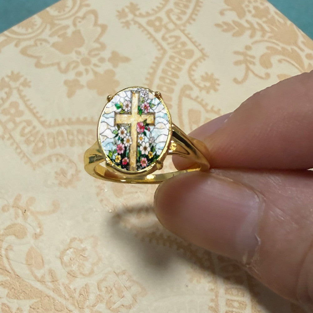Floral Cross Oval Ring