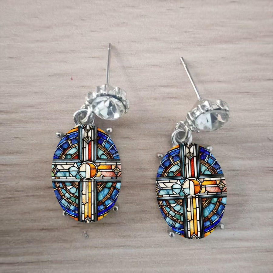 Stained Glass Oval Cross Earrings