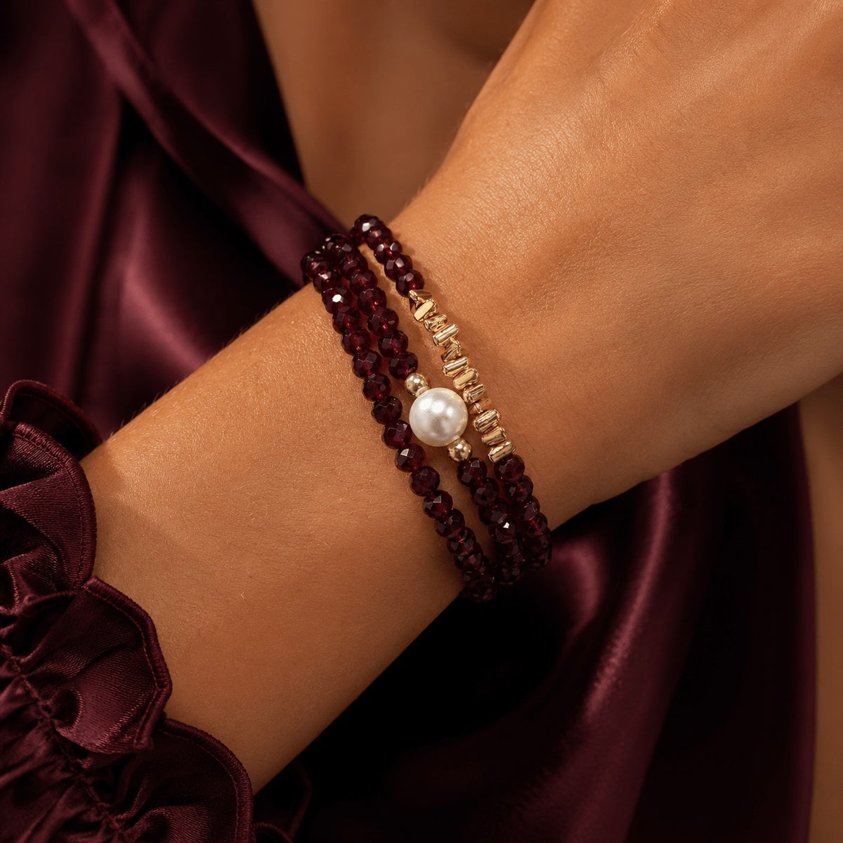 Burgundy Bead & Pearl Bracelet Set