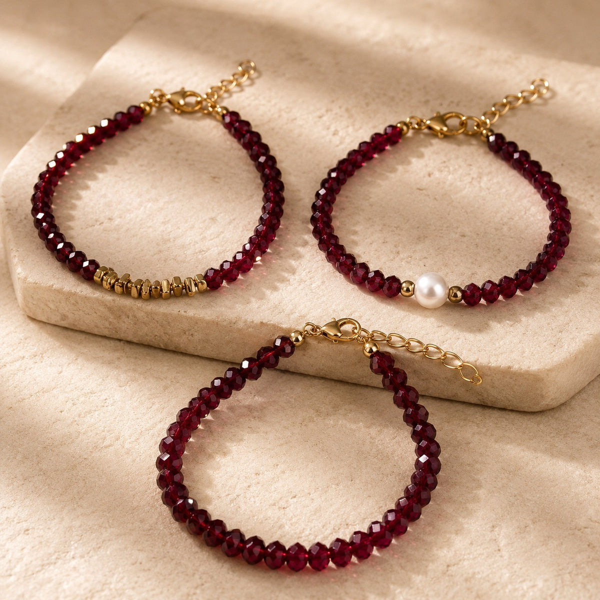 Burgundy Bead & Pearl Bracelet Set