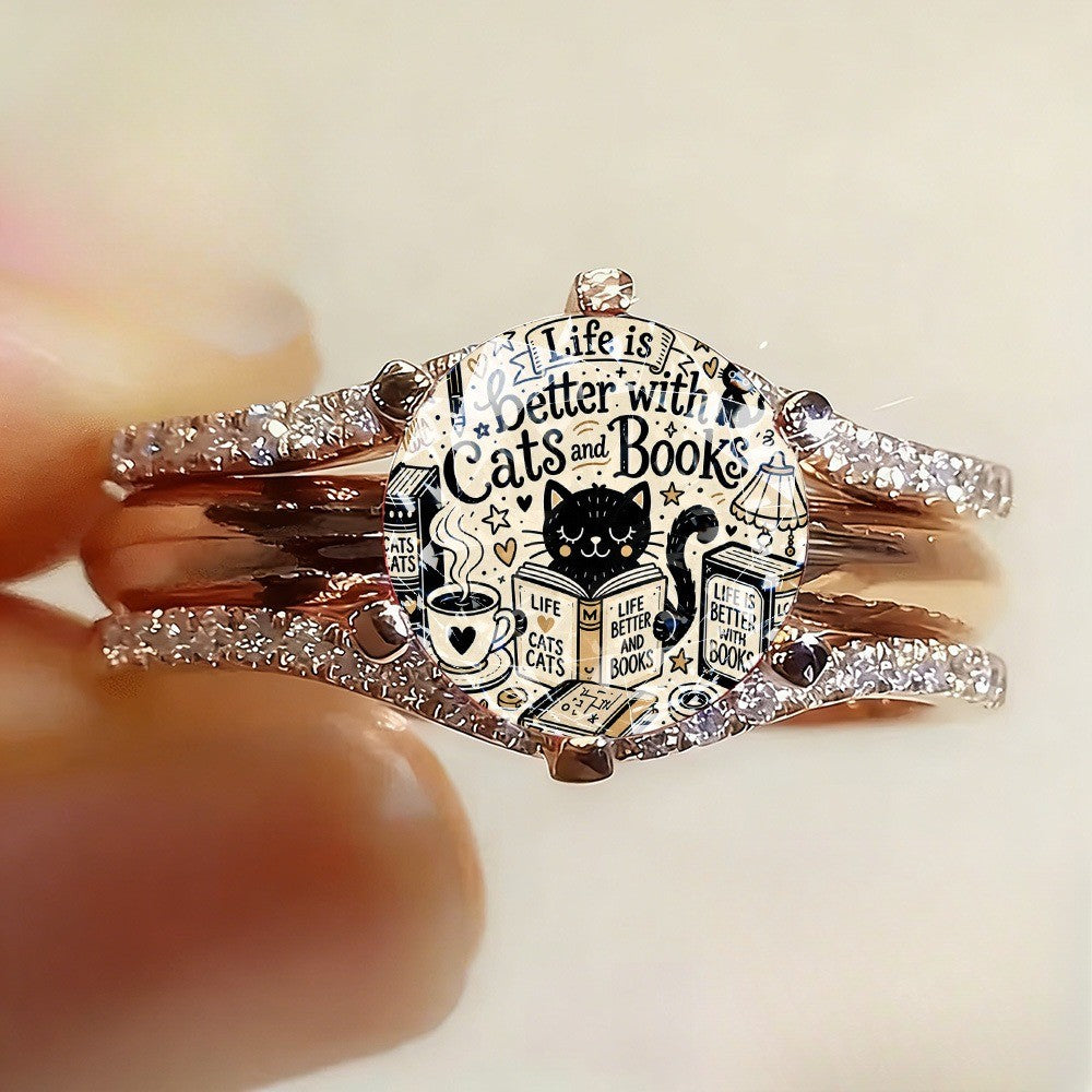 Life Is Better With Cats & Books Statement Ring