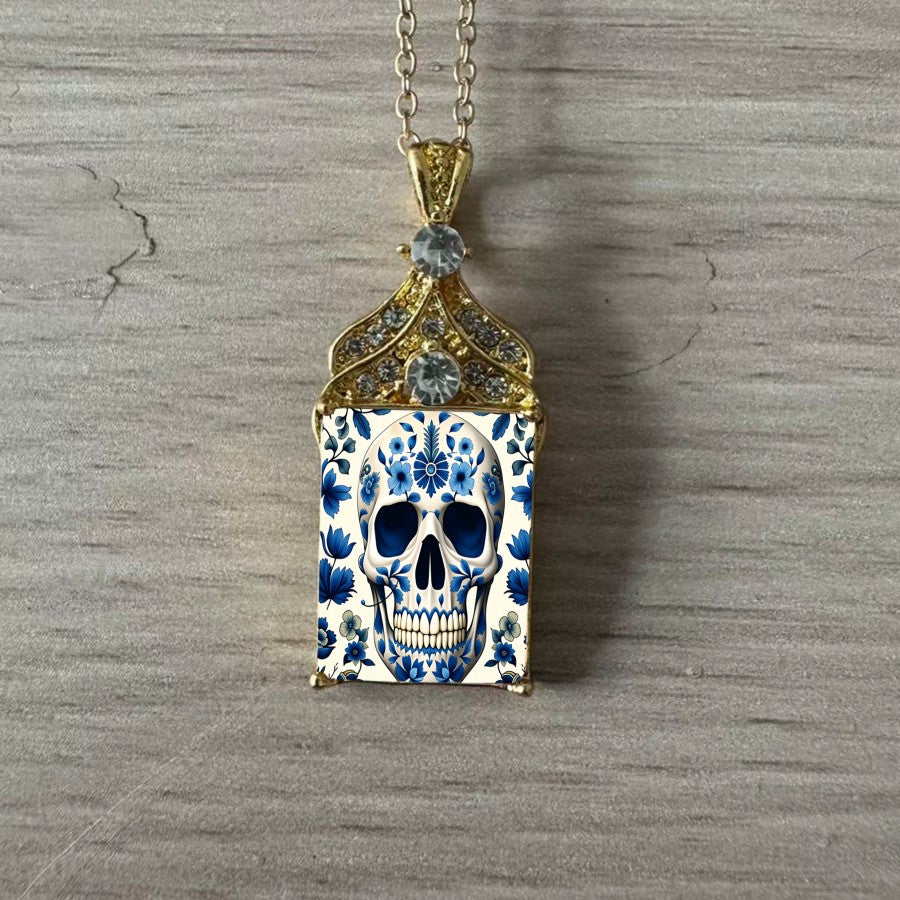 Blue Floral Skull Pendant Necklace