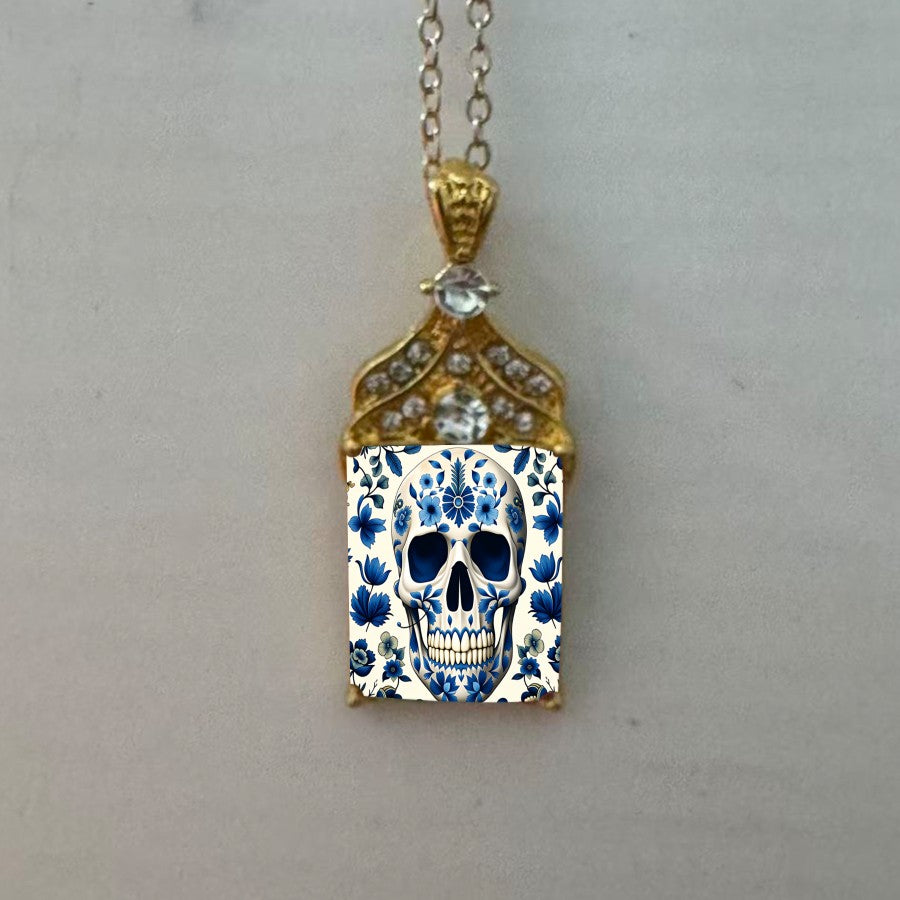 Blue Floral Skull Pendant Necklace