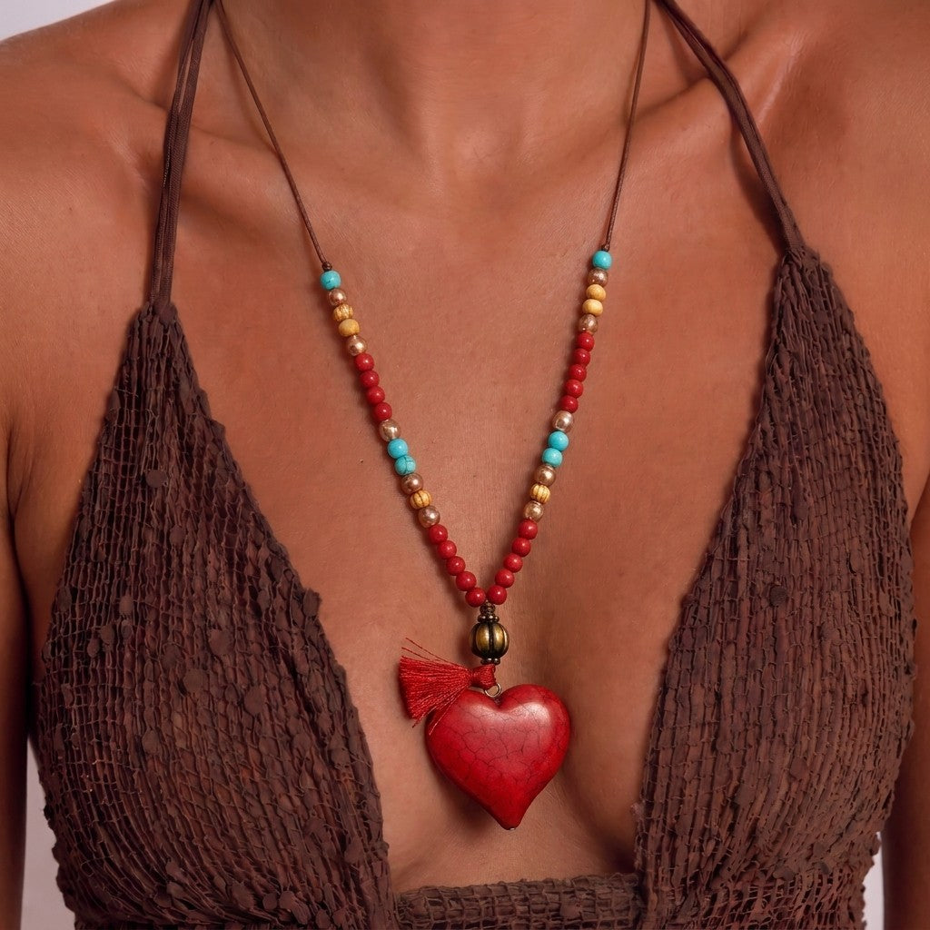 Red Heart Tassel Beaded Necklace