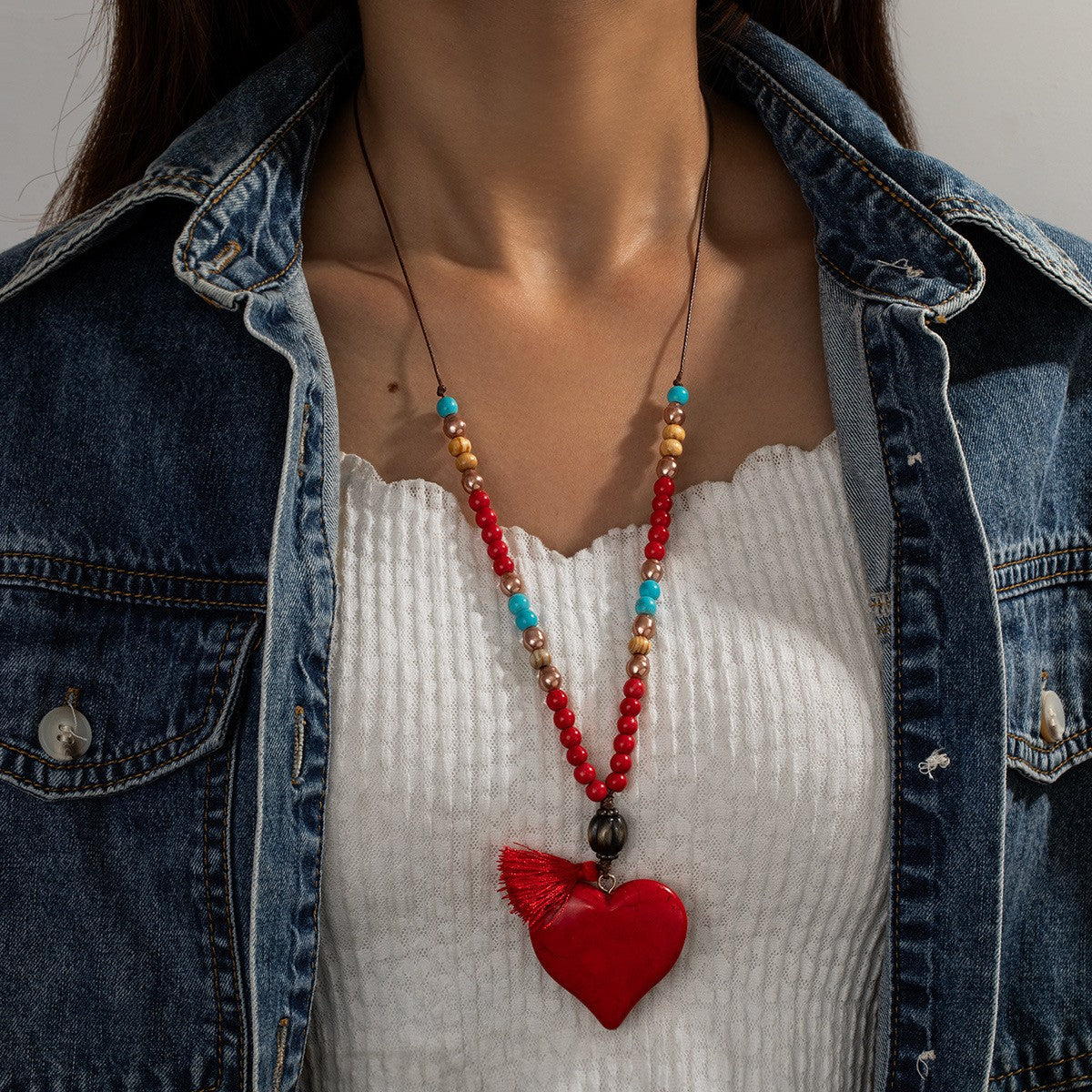 Red Heart Tassel Beaded Necklace